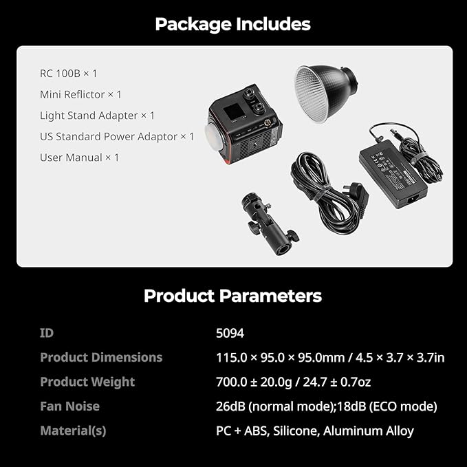 SmallRig RC 100B COB Video Light, Portable Bi-Color 2700-6500K Continuous Lighting, 100W Studio Light, APP Control, High CRI 97+ Spotlight for Photography & Video, Pro Version (Without Battery) 5094