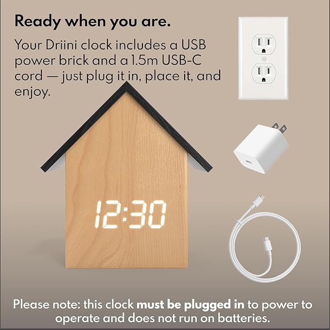 Driini Digital House-Shaped Alarm Clock with Temperature Display (Light Wood) – Modern Aesthetic - Cute Cube Frame and White LED Dimmer - Perfect Small Desk Clock for Bedside Table or Bedroom Mantle
