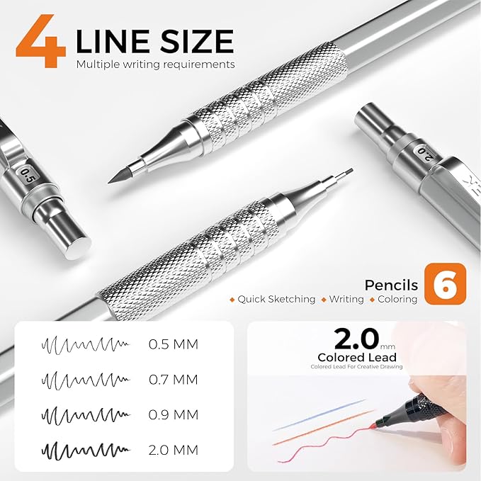 35Pcs Art Mechanical Pencil Set with Case, 0.5 0.7 0.9 2.0 Graphite Metal Drawing Drafting Pencils, Sharpener Erasers 384PCS Lead Refills (6B 4B 2B HB 2H 4H Colors)Pencils for Writing Sketching,Silver