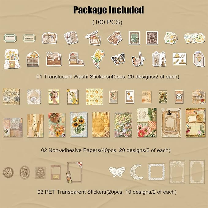 Esweny 100 PCS Vintage Ephemera Pack Journaling Scrapbooking Supplies Scrapbook Sticker Paper Kit for Junk Journal Planners Collage Craft Notebooks Decoupage Album (Sunflower)