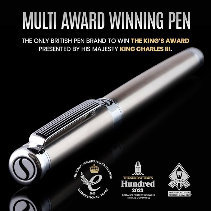 Scriveiner Stainless Steel Fountain Pen - Stunning Luxury Pen with Steel Finish, Schmidt Steel Nib (Medium), Pen Gift Set for Men & Women, Professional, Executive Office, Nice Designer Pens
