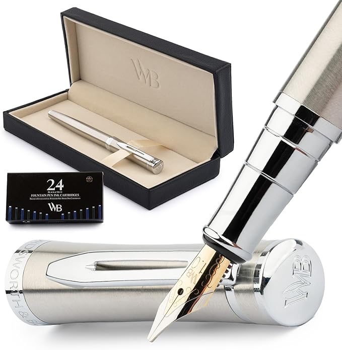 Wordsworth & Black Fountain Pen Set, Broad Nib, Includes 24 Pack Ink Cartridges, Ink Refill Converter & Gift Box, Chrome Finish, Calligraphy, [Silver Chrome], Perfect for Men & Women