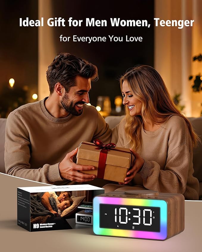 Digital Alarm Clocks for Bedrooms, Bluetooth Speaker, Alarm Clock with Wireless Charging, White/Brown Noise Sound Machine for Sleep with Night Light Wooden Vintage Decor Birthday Gifts for Men, Women