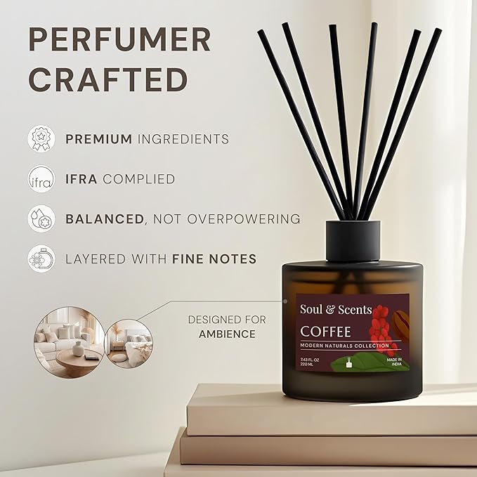 Soul & Scents Reed Diffuser Set – Coffee | 7.43 oz Refillable Scented Oil with 6 Fiber Sticks | Long-Lasting Home Fragrance & Air Freshener for Bedroom, Bathroom, Office | Gift & Décor Piece