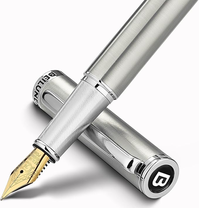 BEILUNER Luxury Fountain Pen Set, Solid 24K Gilded Medium Nib, Silver Stainless Steel Body- Includes 6 Ink Cartridges & Ink Refill Converter with Gift Case - Nice pen for Men and Women