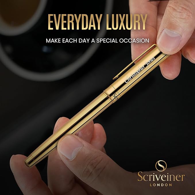 Scriveiner Personalized Gold Fountain Pen - Stunning Luxury Pen, Real Gold Plating, Schmidt Ink Refill, Best Engraved Fountain Pen Gift Set for Men & Women, Custom Name Engraving