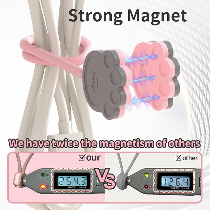 SOOOEC Cute Cat Paw Magnetic Cable Ties – 24 Pack, Reusable Silicone Cord Organizers for Home & Office, Strong Magnetic Hold, Double-Sided Colors, Perfect for Cable Management and Gift Idea