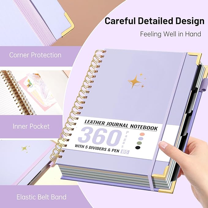FLYING EAGLE Leather Spiral Notebooks for Work 5 Subject Notebook College Ruled with Dividers Pen, 360 Pages B5 Hardcover Lined Journals for Women Men Writing,Purple