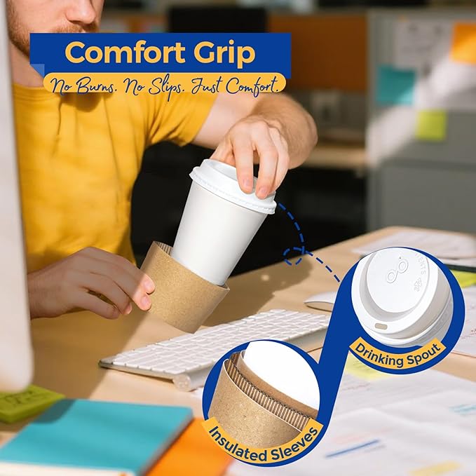 Fit Meal Prep 100 Pack 10 oz Disposable Coffee Cups with Lids, Sleeves, Leak-Proof To Go Coffee Cups with Lids, Durable Hot Paper Cups for Home, Office, Party, Business