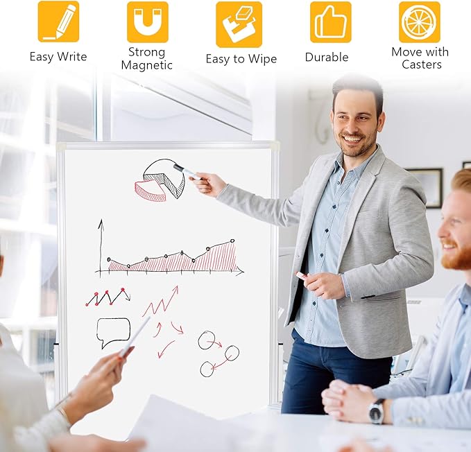 H-Qprobd 24"x36" Dry Erase Board with Stand - Adjustable Height Double Side Mobile Magnetic Rolling Whiteboard on Wheels for Home, Office & School