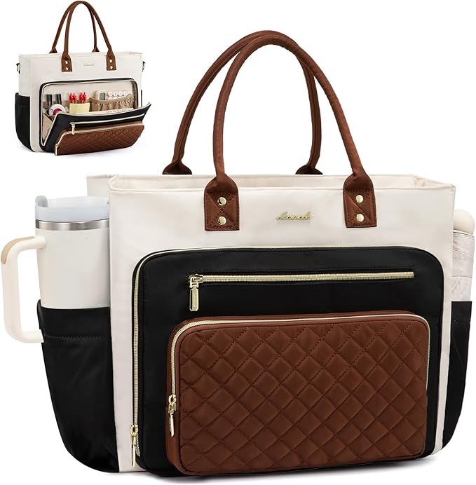 LOVEVOOK Teacher Tote Bag for Women Work, Laptop Bag With Large Cup Holder, Nurse Bags Professional Briefcase Business Computer Purses Handbag Gifts, Black-Beige-Brown, 15.6 Inch
