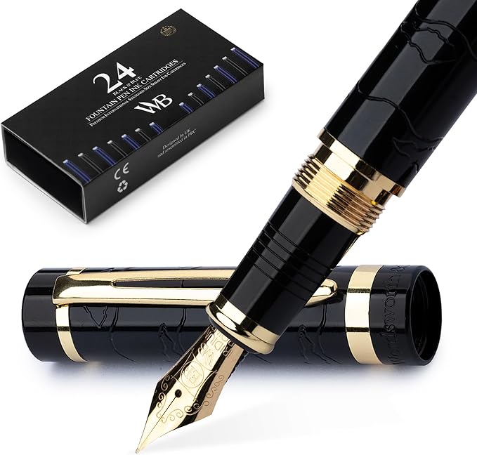 Wordsworth & Black Primori Fountain Pen Set [Black Gold]; Extra Fine Nib, Gift Case, 24 Ink Cartridges, Refill Converter, Manual; Journaling, Calligraphy, Smooth Writing Pens; Left and Right Handed