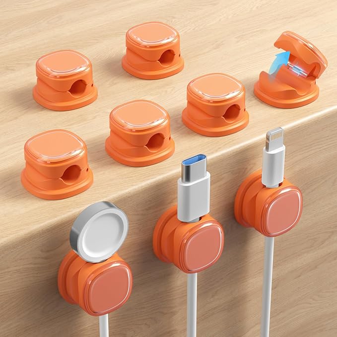 9 Pack Cord Organizer, Spring Cable Management, Adhesive Cute Cable Holder Clips, Phone Charger Wire Keeper for Desk Nightstand Car Office (9-Pack Orange)