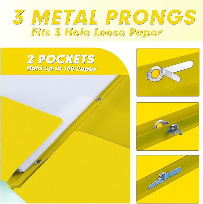 Two Pocket Folders, PANDRI 30 Pack Two Pocket Folders with Prongs, 3 Prong Folders Designed for Office and Classroom, Letter Size Yellow