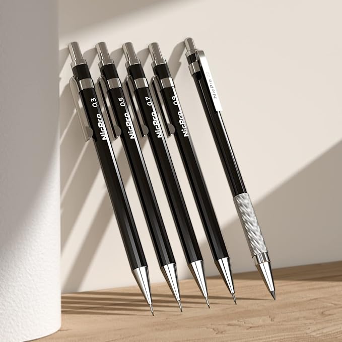 Nicpro 29PCS Black Metal Mechanical Pencil Set in Leather Case, 0.3, 0.5, 0.7, 0.9 & 2mm Lead Pencil Holder, (6B 4B 2B HB 2H 4H) Lead Refills (Black & Colors), Eraser For Art Drafting Sketching