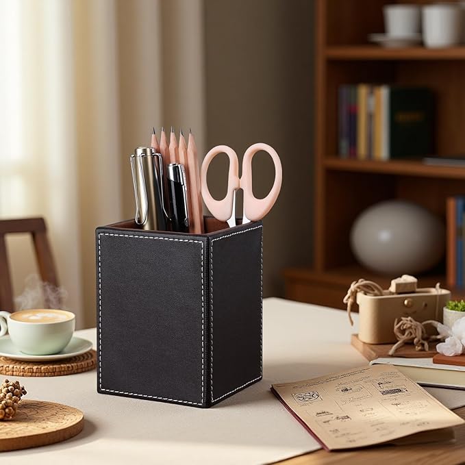 KINGFOM PU Leather Square Pens Pencils Holder Cup Desktop Stationery Organizer Case Office Accessories Container Box Brown
