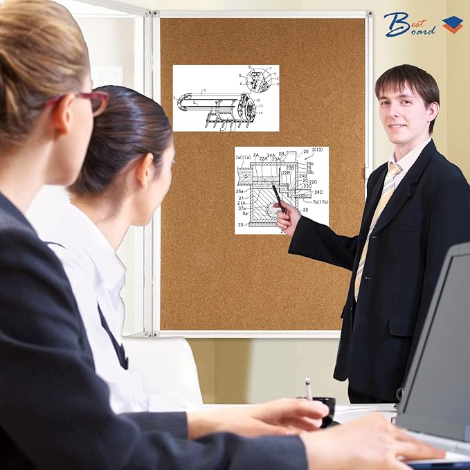 Pinboard Enclosed Bulletin Board 36 x 24 Inch Lockable Cork Noticeboard for School Office, Wall Display Case with Lock (Cork Board)