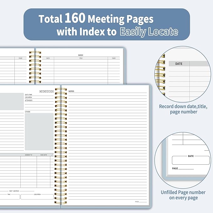 SUNEE Half Meeting Half Note - 7.5"x10" Professional Notebooks for Work - 160 Pages, B5 Size Project Planner, Spiral Meeting Agenda/Minutes Organizer for Women Men, Note Taking, Office & Business