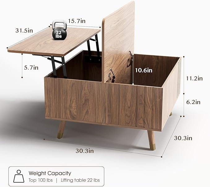 JOINICE 32" Square Lift Top Coffee Table with Storage,Mid Century Modern Walnut Center Table with Rising Desktop for Living Room, Brown Wood Finish