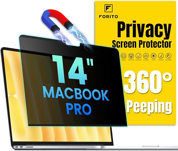 F FORITO Magnetic Privacy Screen Protector Compatible with MacBook Pro 14 inch (2025-2021, M5 M4 M3 M2 M1 Pro Max), Removable 360° Anti Peeping Anti Blue Light Anti Glare Laptop Privacy Screen Shield