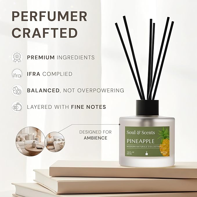 Soul & Scents Reed Diffuser Set – Pineapple | 7.43 oz Refillable Scented Oil with 6 Fiber Sticks | Long-Lasting Home Fragrance & Air Freshener for Bedroom, Bathroom, Office | Gift & Décor Piece