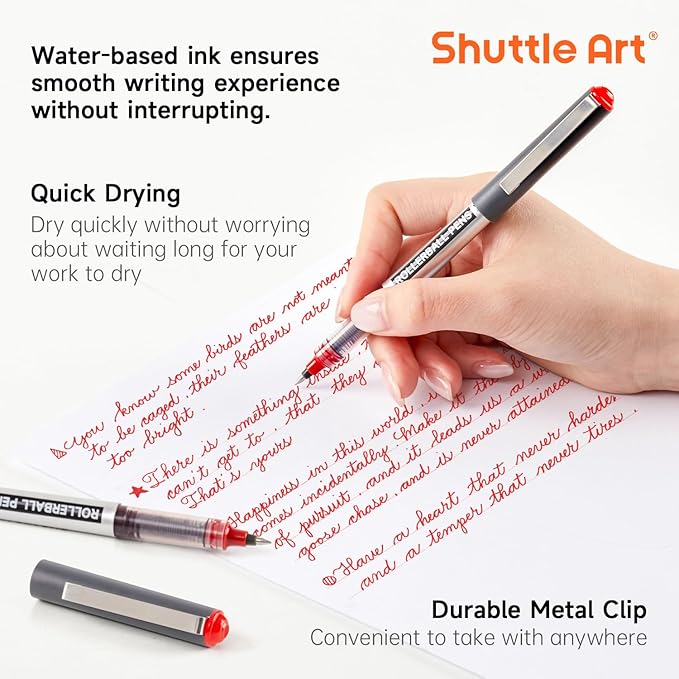 Shuttle Art RollerBall Pens, 25 Pack Red Fine Point Roller Ball Pens, 0.5mm Liquid Ink Pens for Writing Journaling Taking Notes School Office