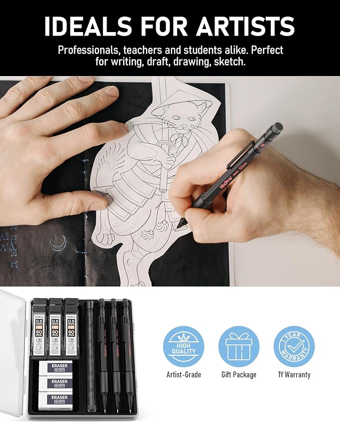 Nicpro 0.7 mm Mechanical Pencil Set with Case, 3PCS MP2000 Metal Artist Mechanical Pencil With 6 Tube HB Lead Refills, Eraser, Weatherproof Barrel for Outdoor Writing Drafting Drawing Sketching