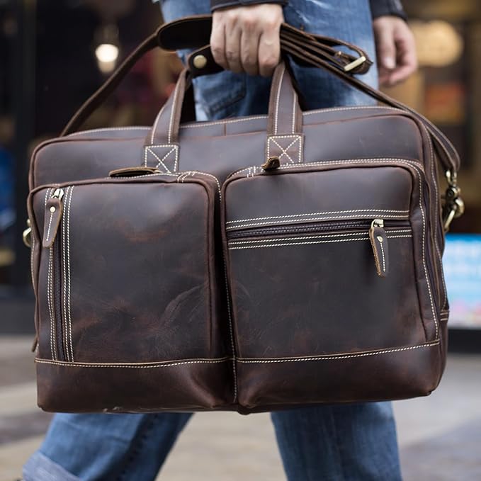Leather Briefcase for Men Expandable Large 17 Inch Laptop Crossbody Shoulder Bag Business Travel Duffel Attache Case