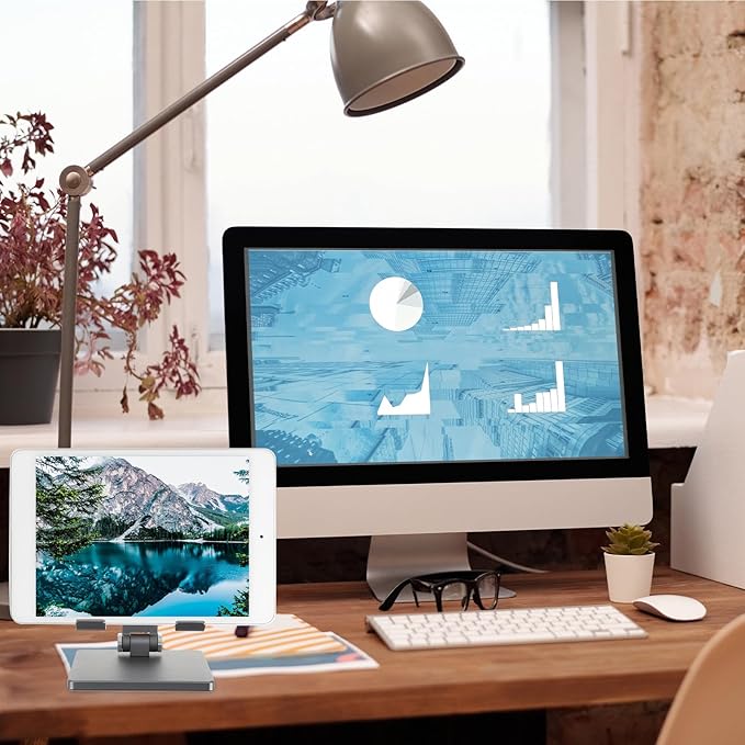 WOFASHPURET Adjustable Foldable Tablet Stand for Desk Portable Aluminum Alloy Tablet Holder Compatible with Ipad and Multi-Angle Desktop Bracket in Space Gray