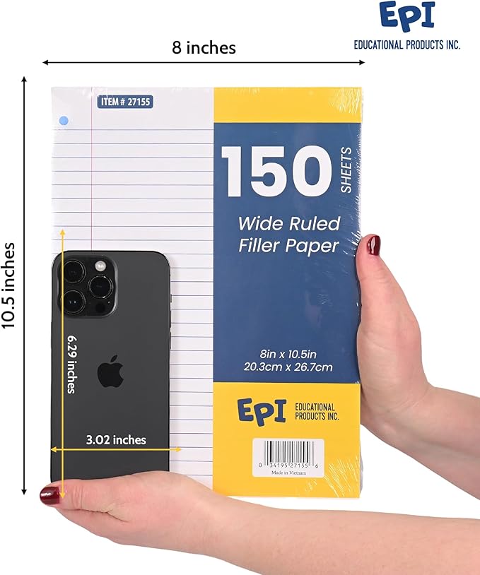 EPI Filler Paper | College Ruled | Loose Leaf, 3-Hole Punched, 10.5 x 8 in, 150 Sheets | School, Office, Notes, Binder Refill - 6 Pack