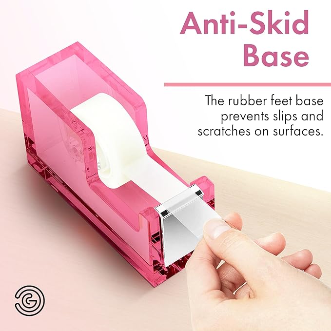 OfficeGoods Acrylic Tape Dispenser – Modern Desk Organizer for Office Supplies – Heavy Duty Refillable Tape Holder for Home and School Crafting – Stylish Desktop Accessory for Gift Wrapping, Pink