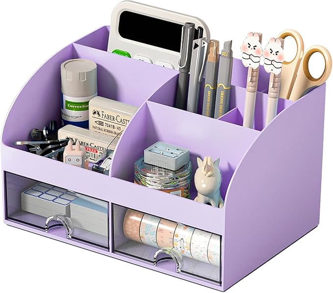 Desk Organizer with 6 Compartments and 2 Drawers, Plastic Makeup Organizer, Pen Holder for Desktop Storage, Desk Organization for School, Home, Office Supplies (Purple)