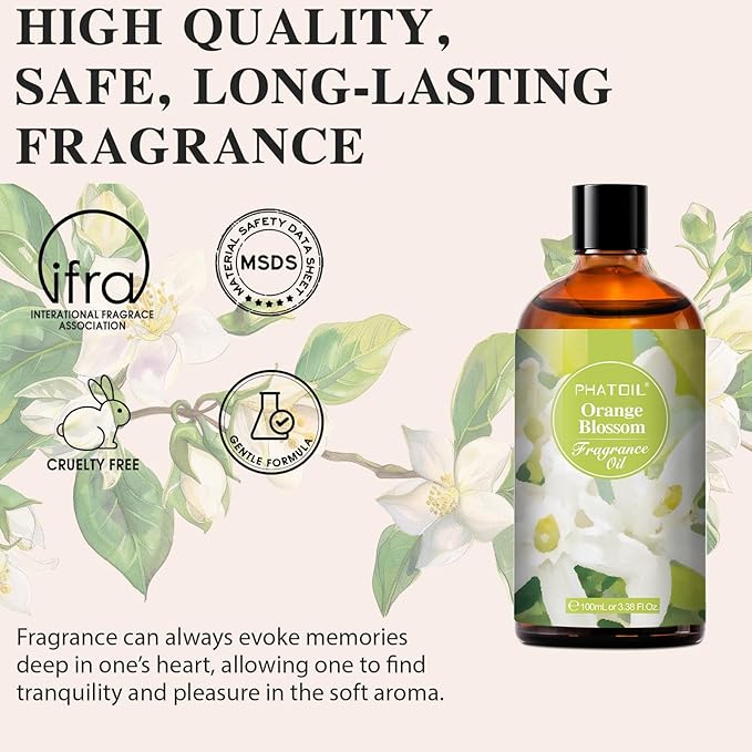 100ML/3.38fl.oz Orange Blossom Fragrance Oils, PHATOIL Orange Blossom Oil for Diffuser, Humidifier, Scented Oils for DIY Soap, Candle Making with Premium Glass Dropper