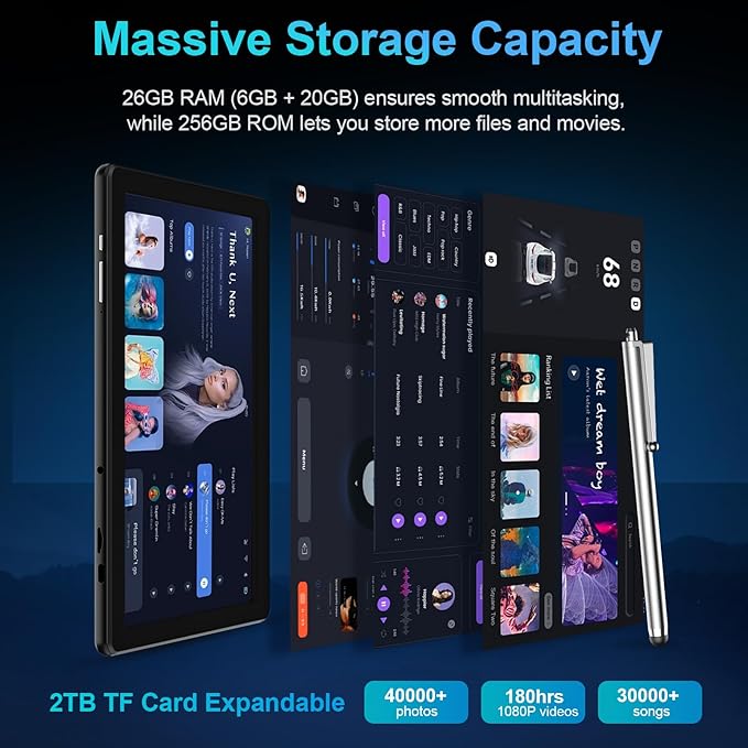 JJGJ 2026 Android 15 Tablet with Keyboard, 26GB+256GB, 2TB Expand, 10 Inch Tablet with Octa-Core, 8000mAh, 5G WiFi, BT5.0, Widevine L1, Gemini AI, 2-in-1 Tablets with Case, Mouse, Stylus(Black Case)