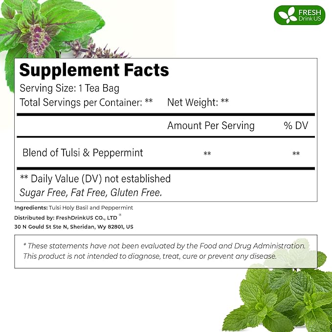 FreshDrinkUS, Premium Tulsi Peppermint Herbal Tea – 75 Tea Bags, 100% Natural, Blend of Tulsi Holy Basil Leaves, and Peppermint Leaves. Made with Natural Material Tea Bags. No Sugar, Vegan.
