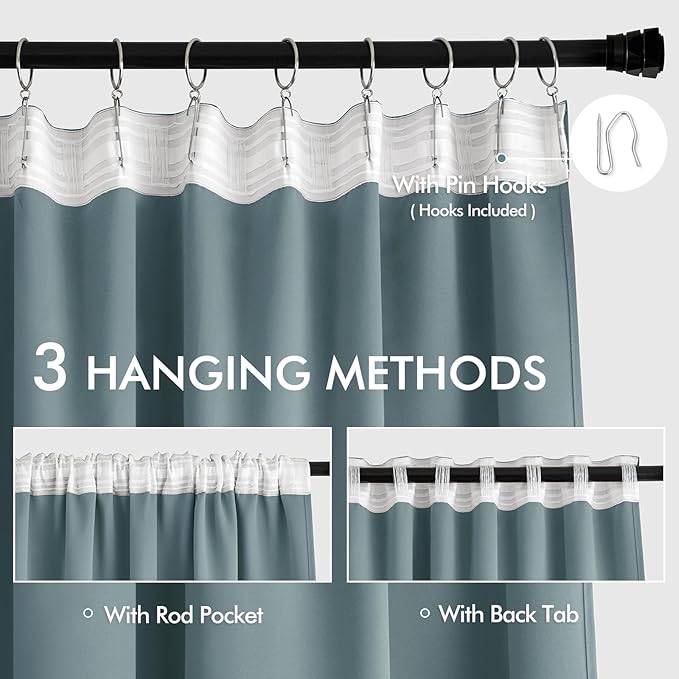 MIULEE Greyish Blue Back Tab Blackout Curtains 108 Inch Long 2 Panels Set