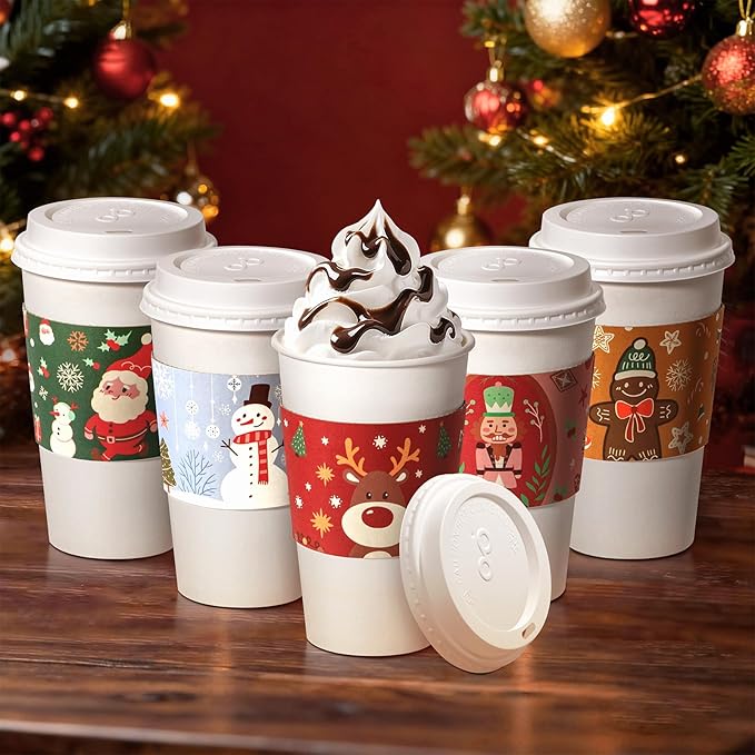 Fit Meal Prep 50 Pack 16 oz Christmas Disposable Coffee Cups with Lids, Sleeves, Leak-Proof To Go Coffee Cups with Lids, Durable Holiday Hot Paper Cups for Home, Office, Party, Business