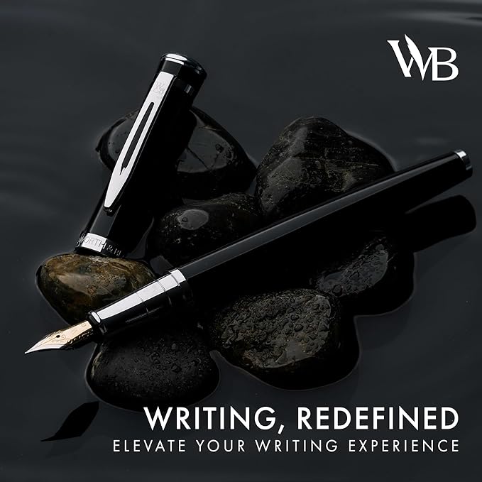 Wordsworth & Black Fountain Pen Set, Medium Nib, Includes 24 Pack Ink Cartridges, Ink Refill Converter & Gift Pouch, Chrome Finish, Calligraphy, [Black Chrome], Perfect for Men & Women