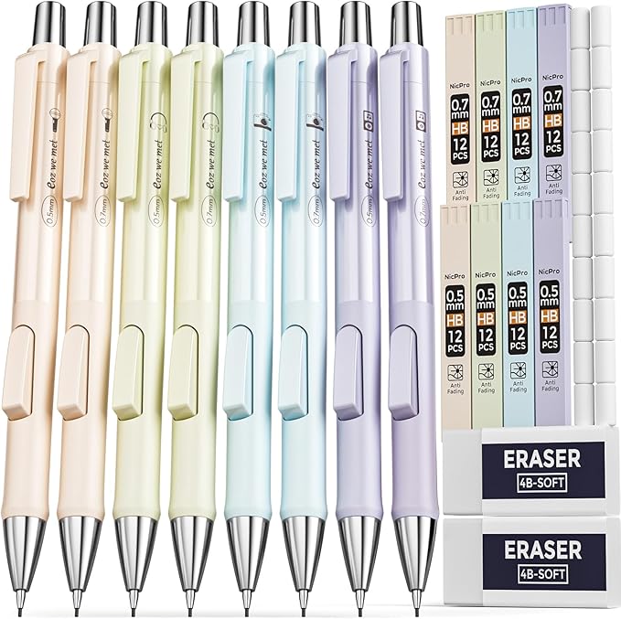 Nicpro 8PCS Pastel Mechanical Pencil 0.5 & 0.7 mm, Cute Fast Click Mechanical Pencils Set with 8 Tubes HB Lead Refills, Erasers for Drafting, School Student Writing, Drawing, Sketching -with Case
