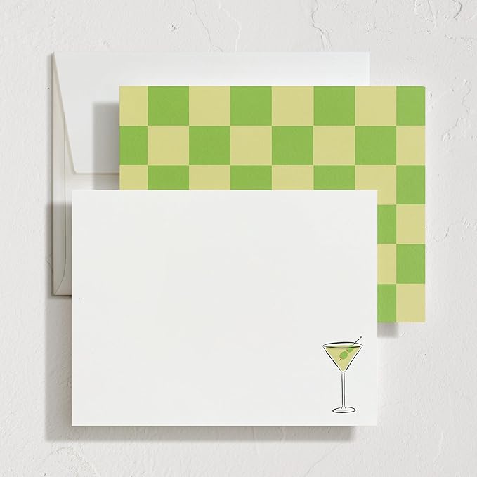 Minted Martini Stationery Set, Set of 10, Flat Note Cards & Envelopes for Invitiations and Handwritten Thank You Messages, Martini Design & Green Checkerboard Back, Gifts for Women, Luxurious Paper