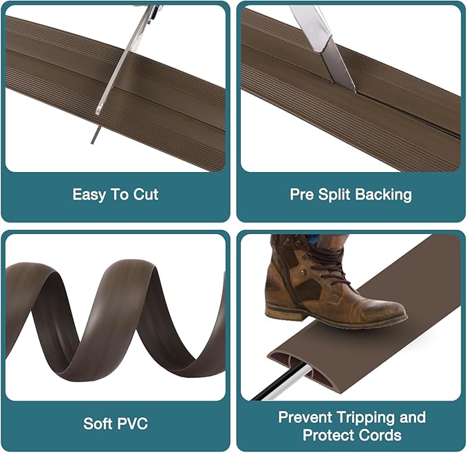 Floor Cord Cover, Cable Protector, 0.63W x 0.31H inches, Wire Cover for Extension Cords, Floor Cable Covers Prevent Cable Trips (Brown, 50-10 Feet)