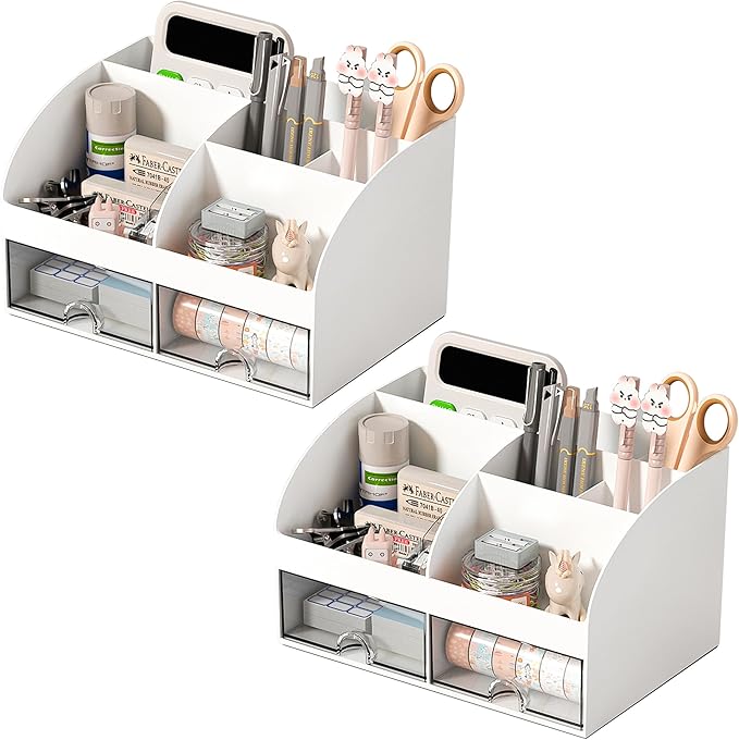 Desk Organizer with 6 Compartments and 2 Drawers, Plastic Makeup Organizer, Pen Holder for Desktop Storage, Desk Organization for School, Home, Office Supplies (White-2Pack)