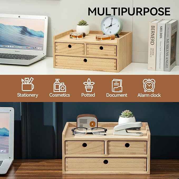 KIRIGEN Wood Organizer Shelf with 3 Drawers for Home Kicthen Decor Office Supplies Desktop Cabinet for Drawer Organizer - Desk Accessories Storage Box -Countertop Shelf Natural（DT2D3C-NA）