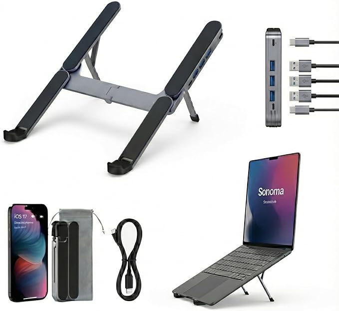 YUATAUY Ultra Compact Laptop Stand with 4-Port USB Hub for Desk, Tablet, Foldable Portable for Travel, Library, Home, Office, Cafe, 6-Level Ergonomic Adjustable Aluminum Holder for 10-16" Laptops