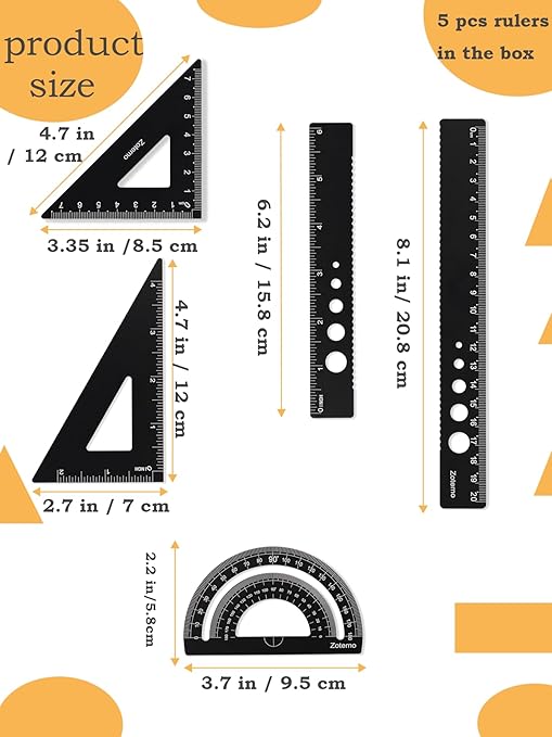 Zotemo Metal Geometry Set, 5-Piece Aluminum Ruler, Math Drafting Ruler Kit Includes Protractor, Triangle Rulers, Straight Rulers-Math Measurement Tools for School and Office Supplies (Black)