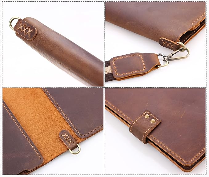 Robrasim Handmade Leather Sketchbook Cover, Artist Sketch Pad Holder for 9"X12" Top Spiral Bound Sketchbook, Drawing Book Pencil Case, Journal Portfolio with Shoulder Strap, Artist Gifts,Brown