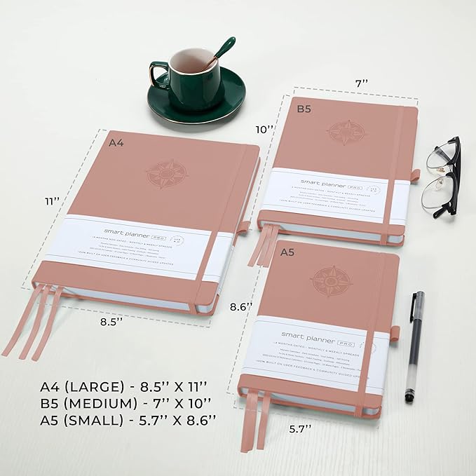 Smart Planner Pro – Undated Daily Planner – Medium B5 – Achieve Goals & Increase Productivity with Weekly, Monthly, Work Sections - Organizer Planner with Back Pocket, 3 Satin Bookmarks & Pen Holder