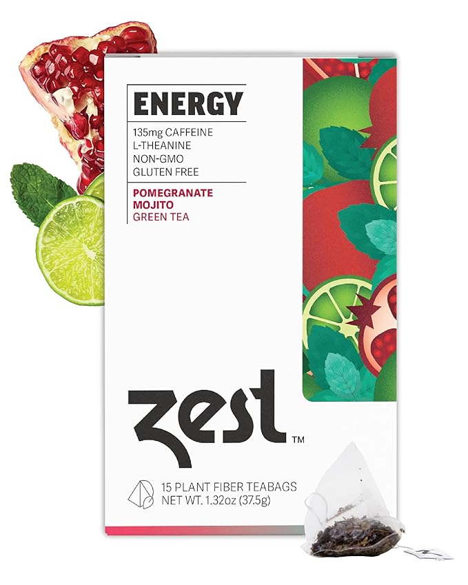 Zest Energy Green Tea – Pomegranate Mojito High Caffeine Tea Bags for Focus & Morning Energy – Natural Caffeinated Tea with 135mg Caffeine – Coffee Substitute – 15Ct Box, Non-GMO & Keto Friendly