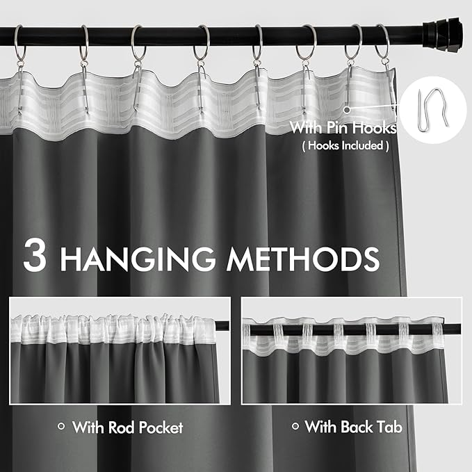 MIULEE Back Tab Grey Blackout Curtains 108 Inch Long 2 Panels Set