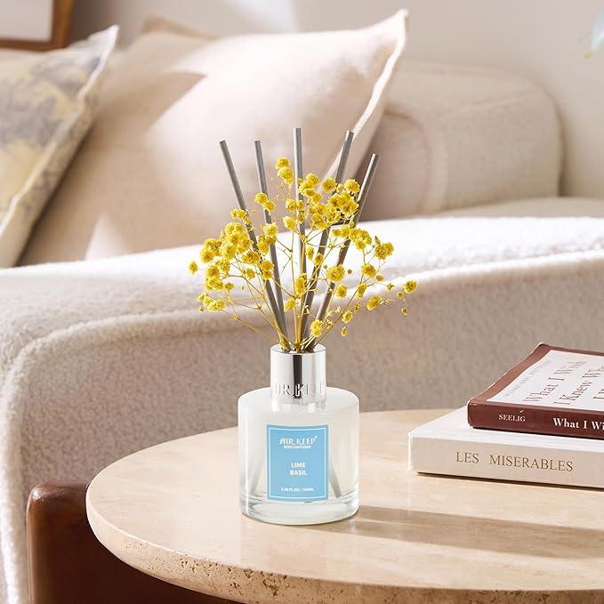 Airkeep Reed Diffuser Set,3.38 fl oz (100 ml) - Lime Basil Oil Diffusers with 8 Reed Sticks, Home Fragrance Reed Diffuser for Bathroom Shelf Decor